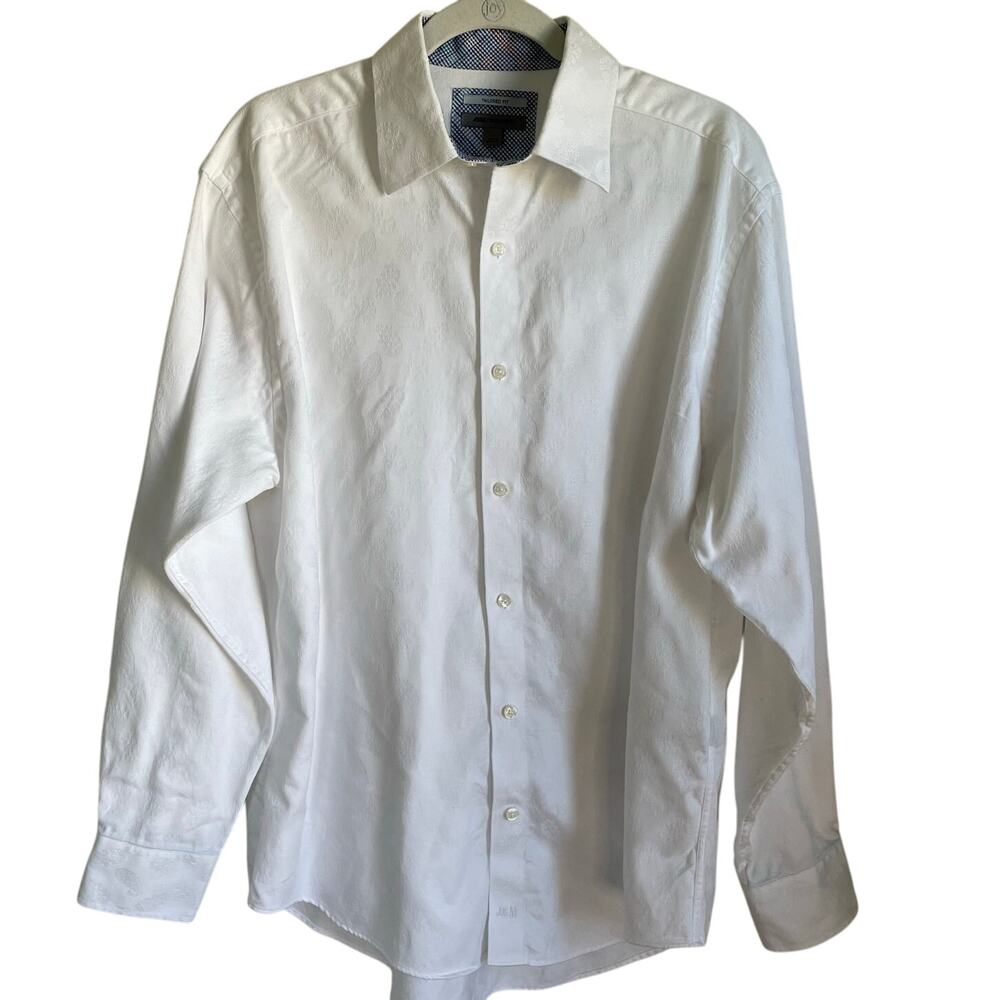 Johnston & Murphy Button Up Shirt Tailored Fit Sz L White Tonal Paisley Cotton